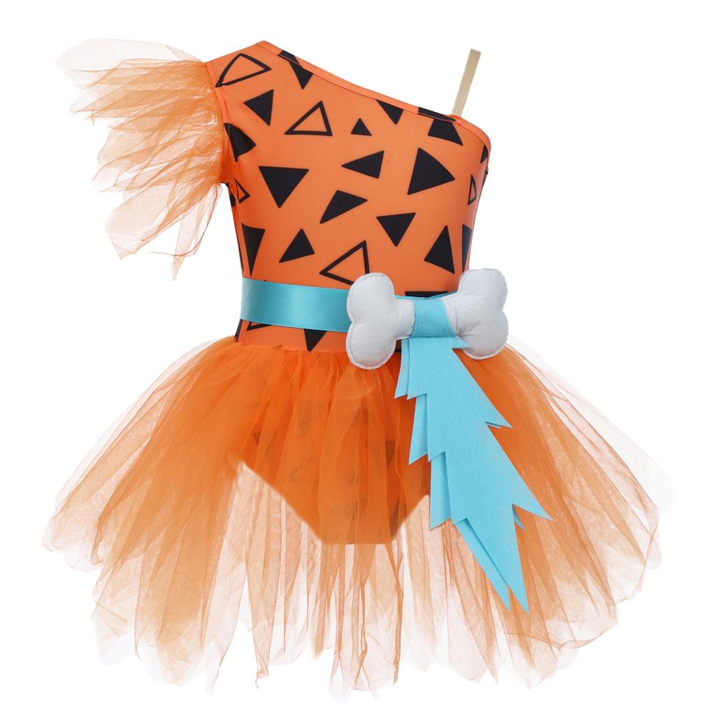 Girls Cavegirl Outfit Patchwork Tutu Dress Adjustable Strap Mesh Short Sleeve Built In Briefs 3D Bone Belt Prehistoric Costume