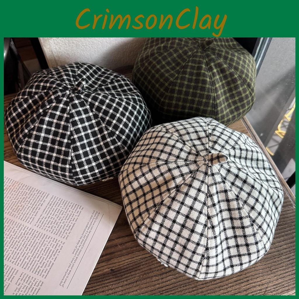 Clashing Grid Color Artistic Vintage Beret Hat Geometric Elements Spring Women