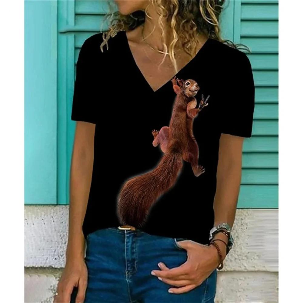 Летние футболки с изображением животных и забавной белки в формате 3D, женская повседневная уличная одежда, футболка с коротким рукавом и V-образным вырезом, футболки Harajuku, топы, одежда