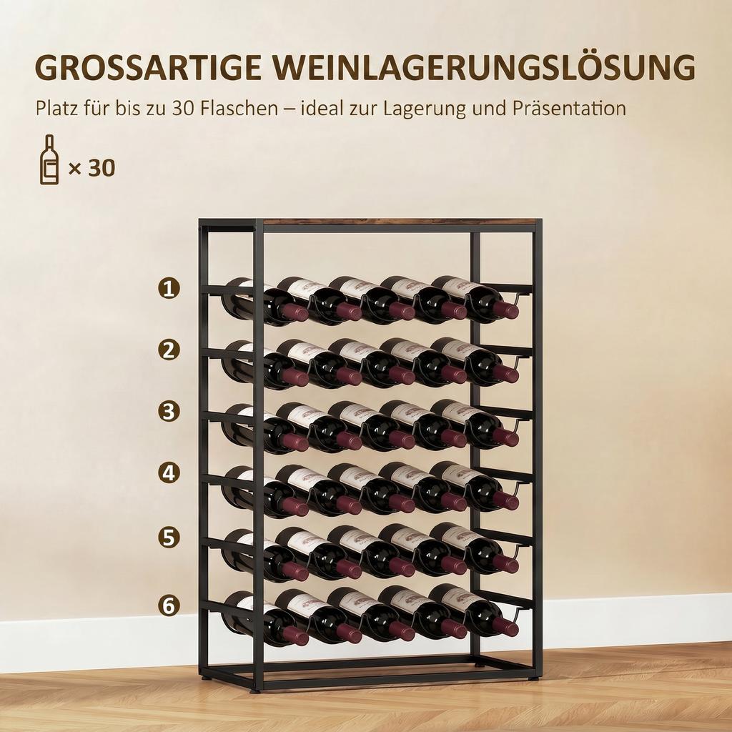 30 Bottles Wine Rack, 6 Tier Free Standing Wine Storage Holder with Wood Effect Tabletop, Rustic Brown