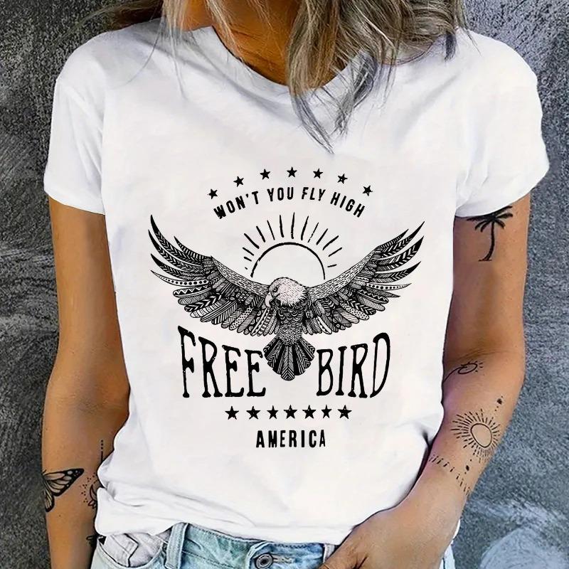 Женская футболка с принтом Rock and Roll Free Bird, с коротким рукавом, повседневный топ для весны и лета, удобная и стильная одежда
