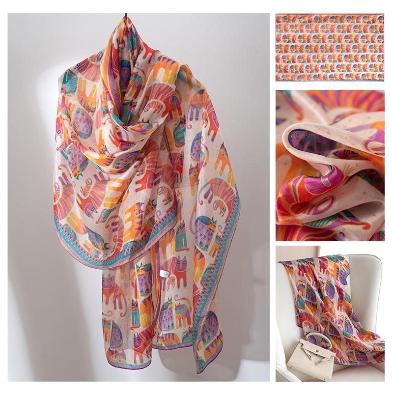 Длинные полосы шелкового шарфа  Высококлассный шарф из тутового шелка  Женский свежий маленький цветочный тонкий стиль  Атмосфера  Большая шаль