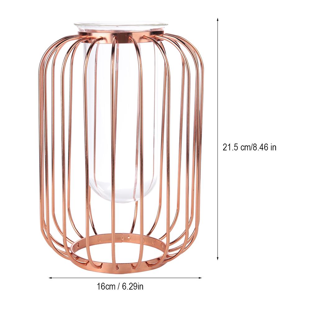 Nordic Lantern Shaped Wrought Iron Vase Glass Iron Tabletop Flower Vase(  Gold)