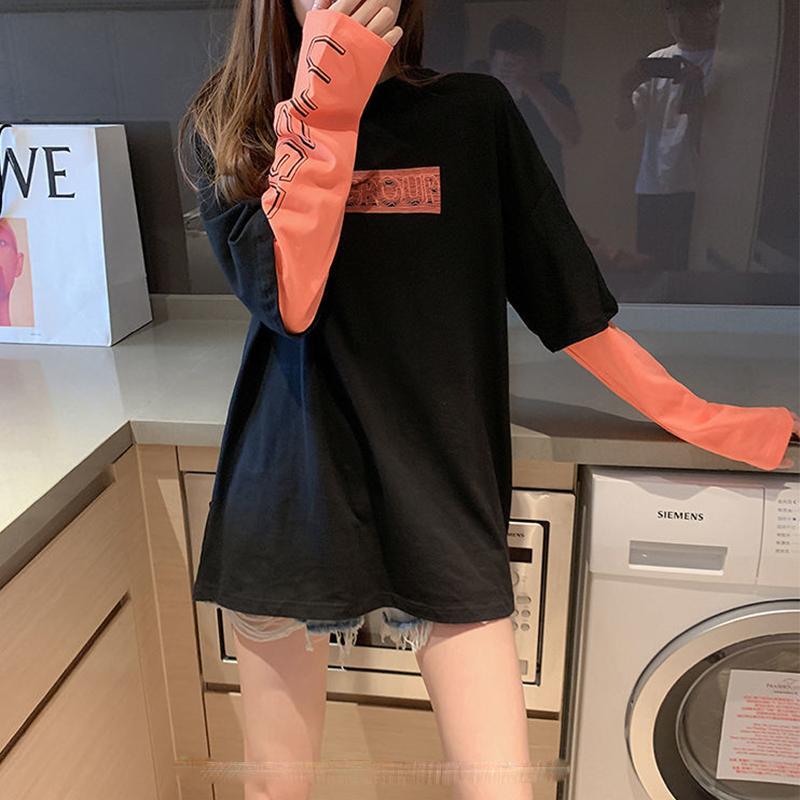 Топ, женская весенне-осенняя футболка средней длины с длинными рукавами, женская новая студенческая свободная осенняя куртка для отпуска из двух предметов