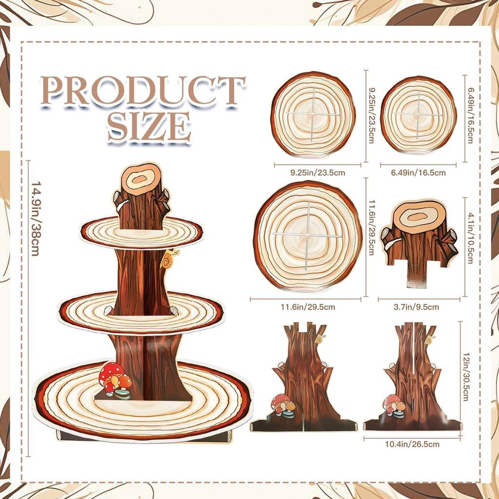 Wooden 3 Tier Cupcake Stand, Wood Style Cake Stand for Party Decorations Baby Shower Decoration, Enchanted Forest Safari Birthday Cupcake Decorations