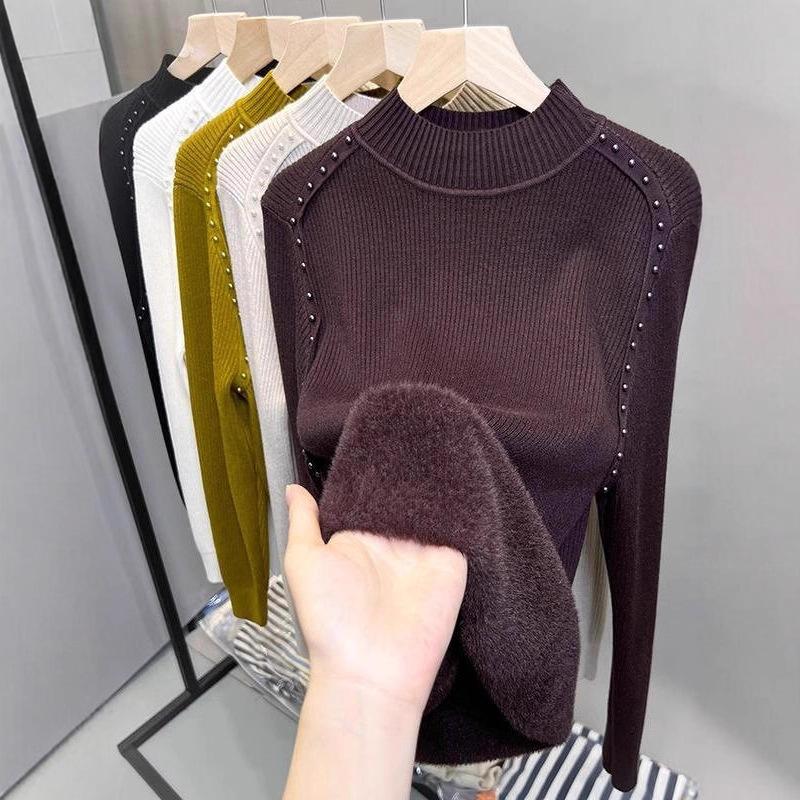 Флисовый свитер с полувысоким воротником женский цельный флисовый базовый свитер осень и зима новый вязаный свитер с бисером с толстым верхом внутри