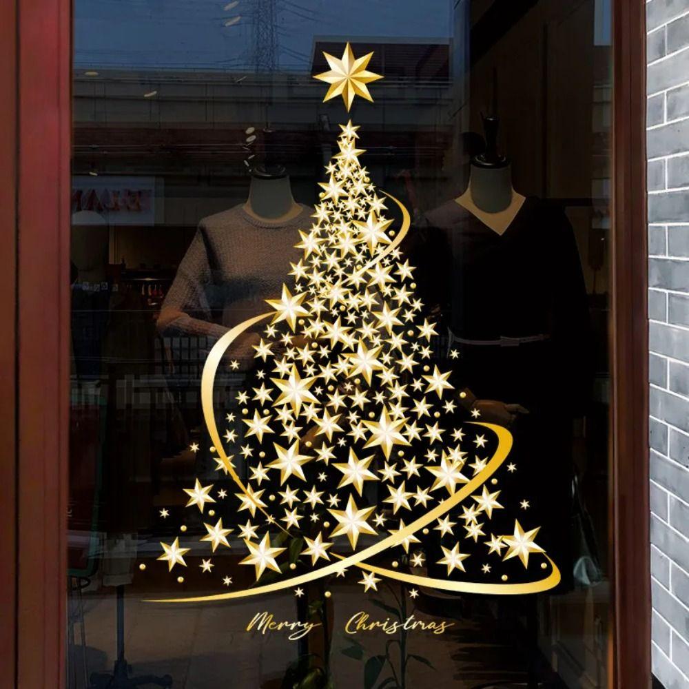 Golden Christmas Tree Window Stickers Large Decor Mural Home Decoration Xmas Decals  Party