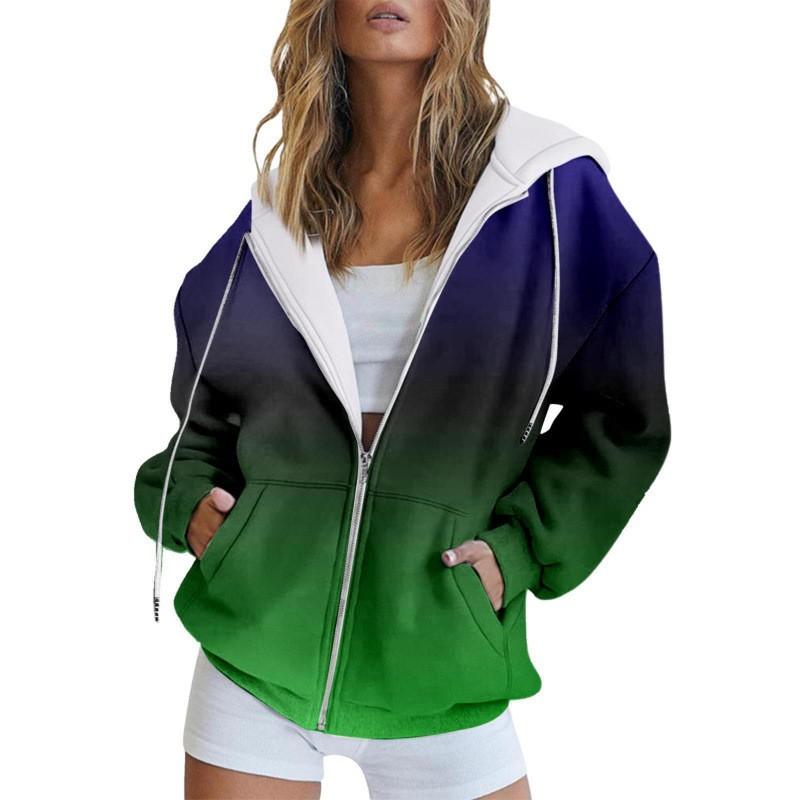 Womens Winter Hooded Zip-Up Sweatshirt Loose Fit 3D Printed Casual Pullover Long Sleeve