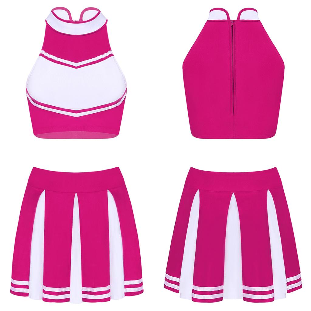 Women Cheer Leader Costume Uniform Cheerleading Adult Cosplay Outfit Crop Top with Pleated Mini Skirt