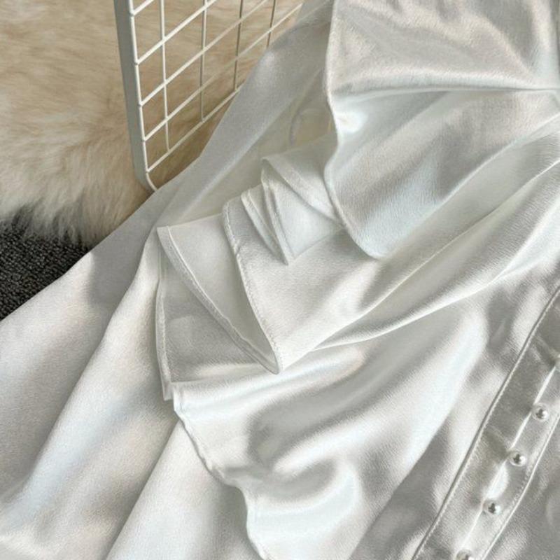 Винтажные однотонные блузки Женские Элегантный ацетатный сатин Воротник-стойка Дизайн рукавов-клеш Новые Шикарные Милые Свободные оборки Женские Топы