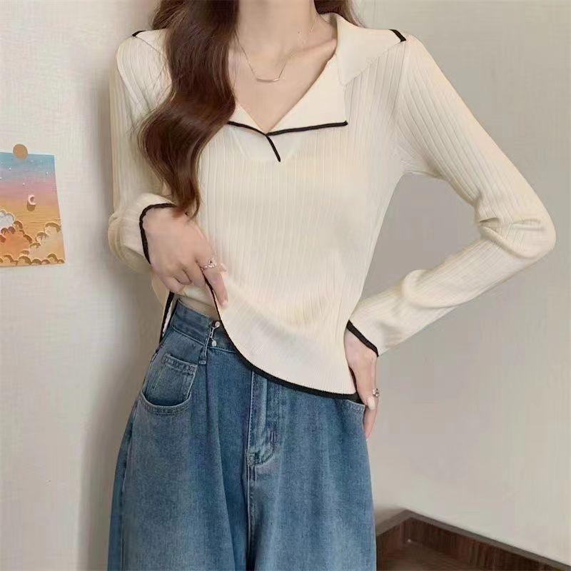 Polo Collar Pullover Knit Base Layer Top Women's Autumn Long Sleeve T-shirt Sweater Fall Clothing Spring Autumn Style