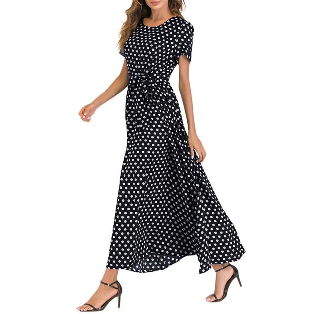 Женское модное летнее пляжное платье с короткими рукавами и круглым воротником, женское элегантное цельное длинное платье в горошек