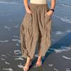 Fashion Lace-up Elastic Waist Pleated Casual Pants Women High Waisted Wide Leg Pants Women Loose Solid Office Lady Trouser 24162