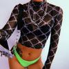Mesh Tee Shirt Femme Sexy Long Sleeve Crop Top Chain Print T Shirt Women Streetwear Vintage Fishnet Top T-shirt  New Arrival