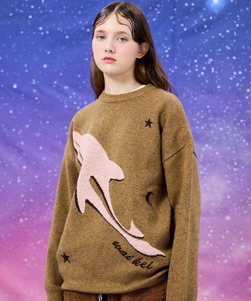WAIKEI Dolphin Universe Crewneck Knit Brown