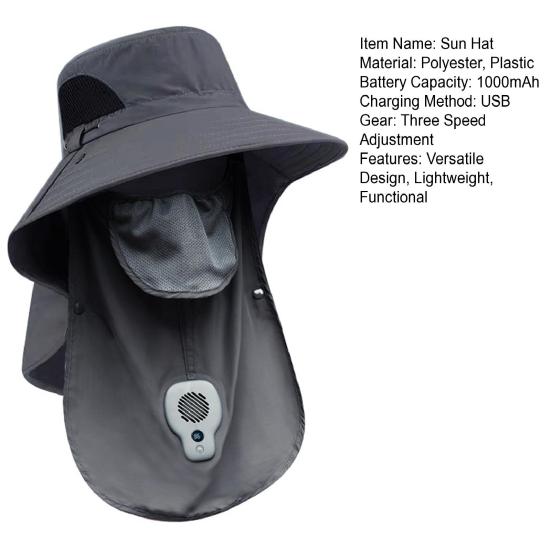 Sun Hat with Smart Fan Ventilation 360-Degree Sun Protection Adjustable Face Guard Shawl Design Outdoor Hat
