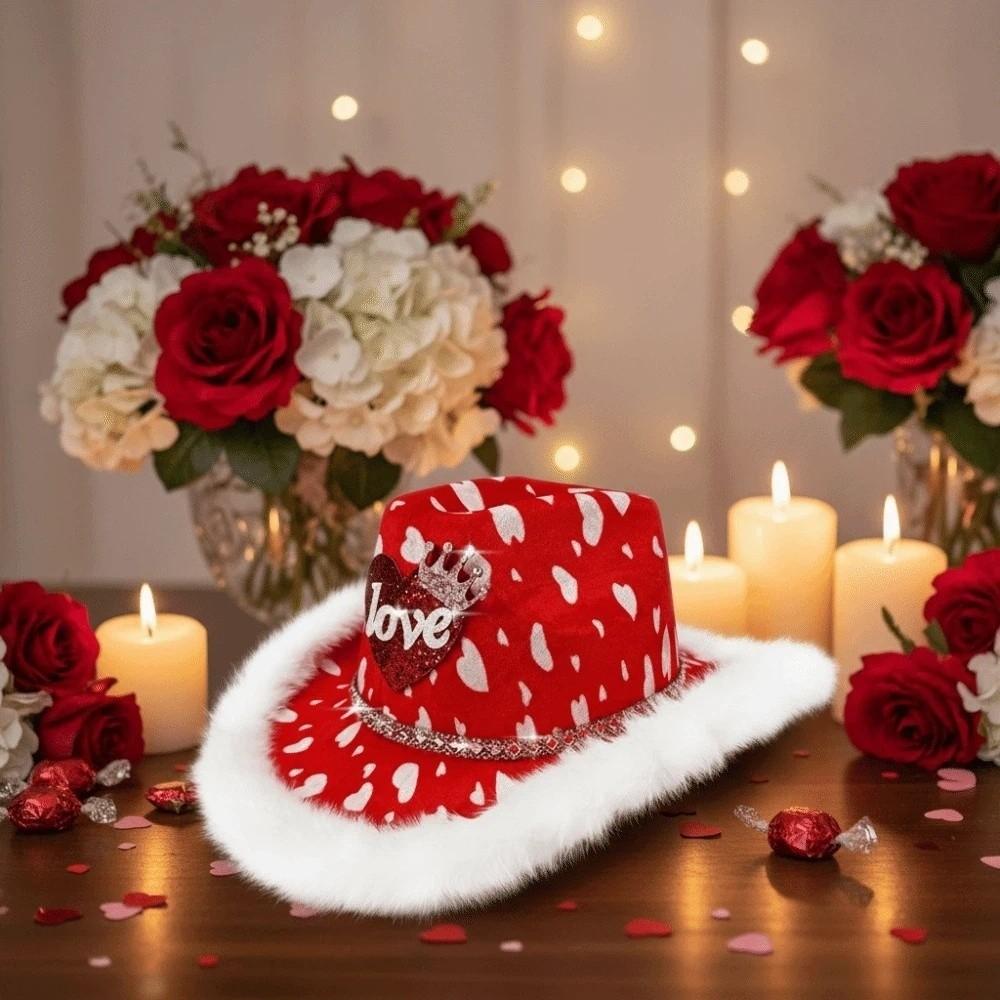 Широкополая Красная Шляпа Ковбоя с Сердечком Теплая Шапка для Вечеринки на День Святого Валентина Крутая Шляпа Ковбойши Топ-Шляпа для Модного Показа