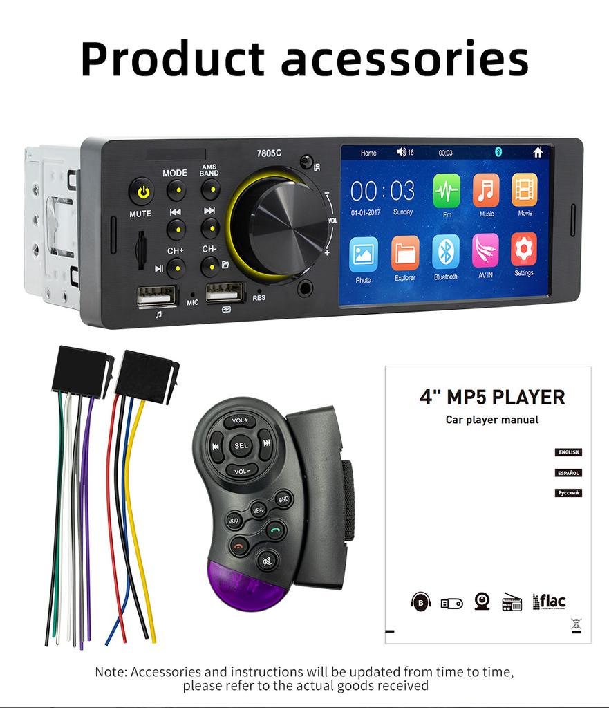 1 Din 4Inch Car Radio Touch Screen Bluetooth Music Handsfree MP5 Player TF USB Charging Remote Audio System ISO Head Unit 7805C