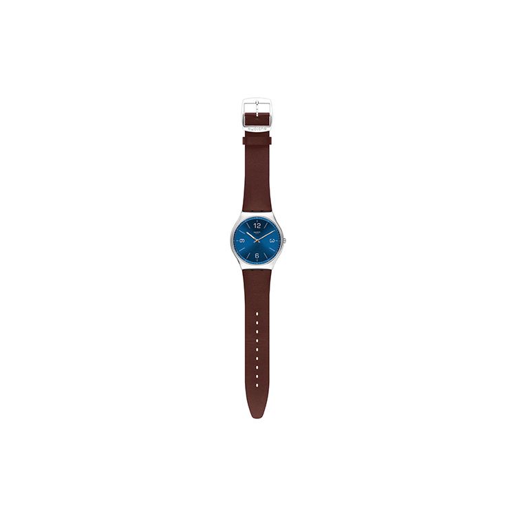 Swatch Кварцевые часы серии Skin Коричневый кожаный ремешок 42 мм Синий циферблат Корпус из нержавеющей стали Унисекс часы Серебристый SS07S101