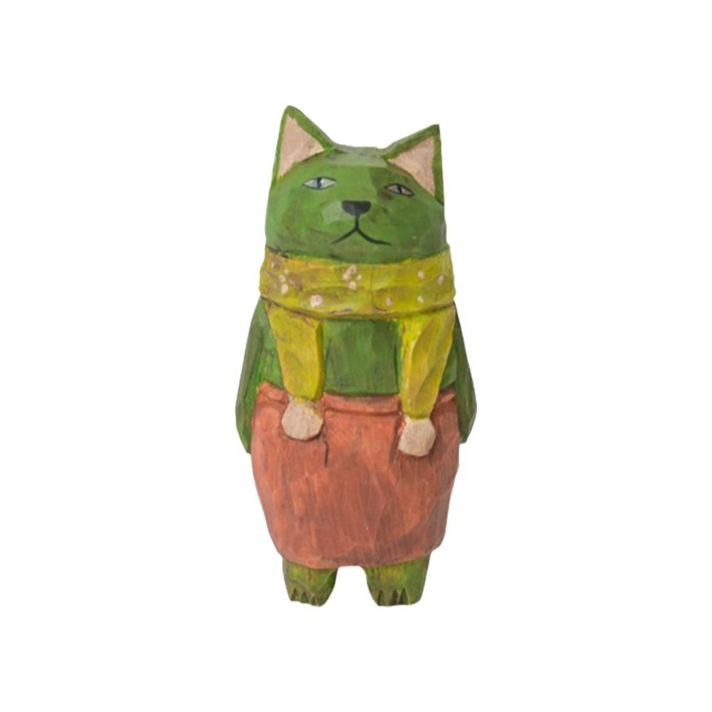 Handmade Wood Carving Cat Ornament Cartoon Cat Figurines Painted Cat Sculpture  Home Decoration