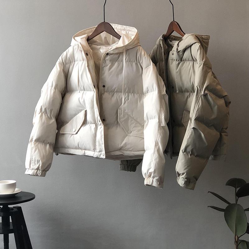 Solid Women's Winter Down Jacket Hooded Collar Short Single-Breasted Coat Preppy Style Parka Ladies Chic Outwear Female