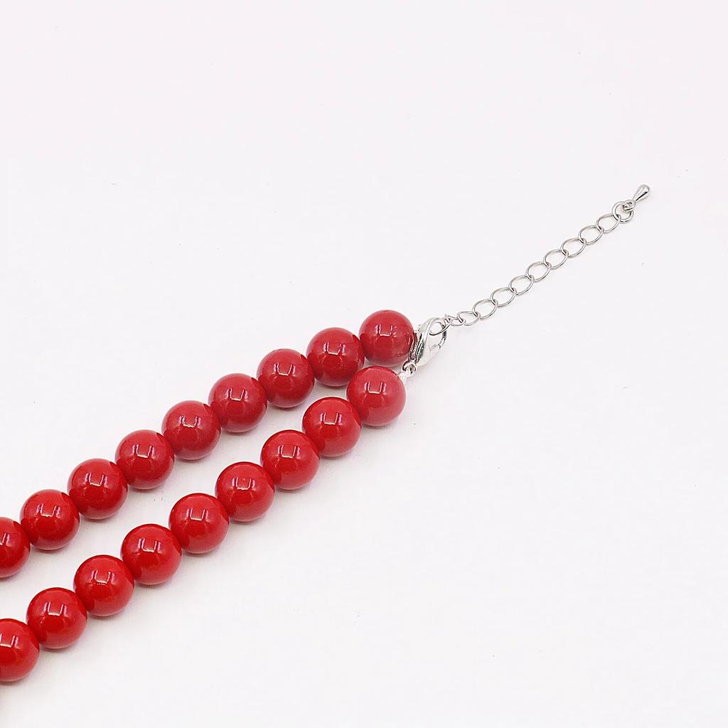 10mm Red Artificial-Coral Pearl Round Beads Necklace/Stud Earrings Sets Jewelry Neckchain,5cm Extension Chain,Girl/Women's Party Gift