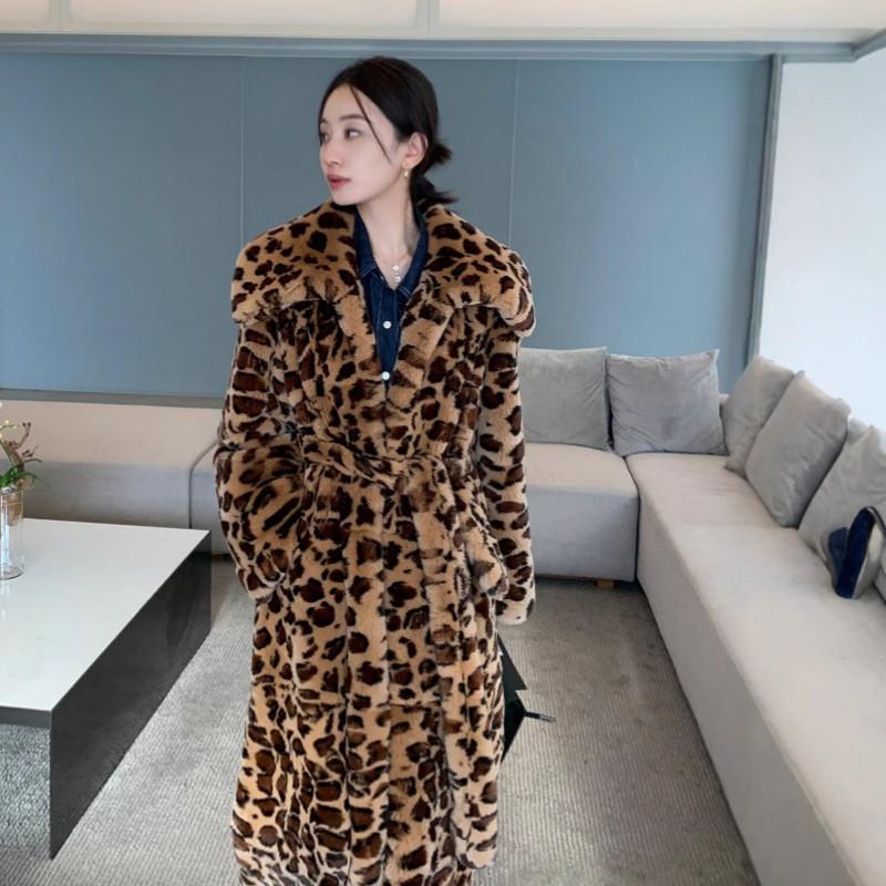 Womens Faux Fur Coat Leopard Print Long Winter Leather Warm Streetwear
