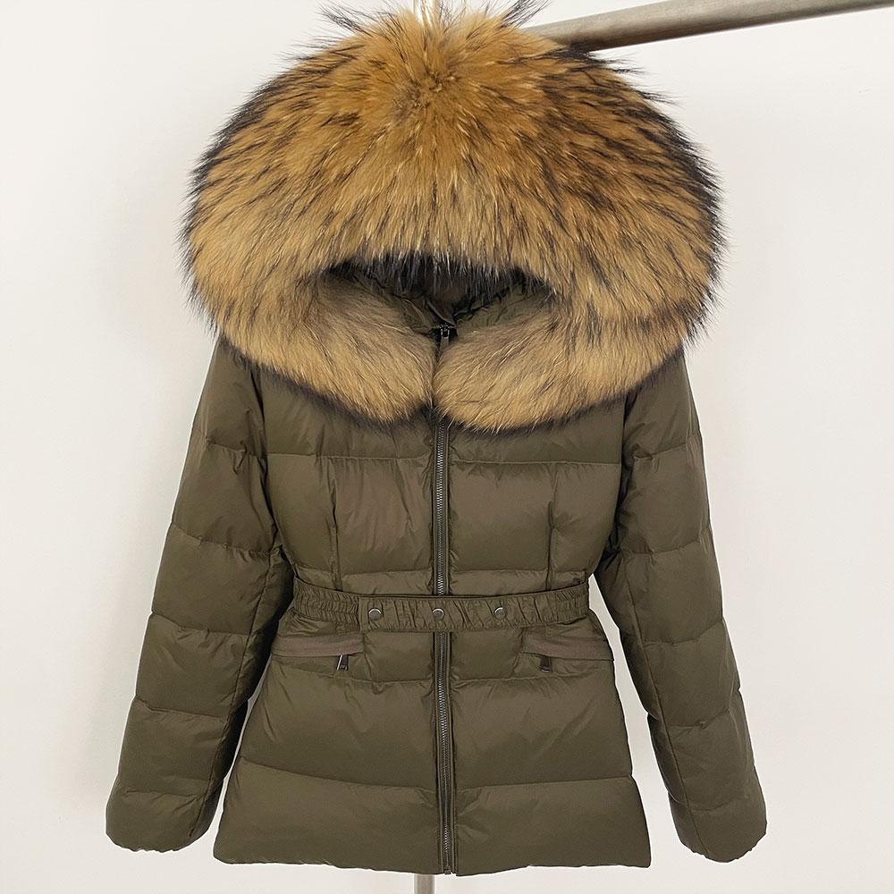 OFTBUY 2024 Winter Jacket Women Natural Real Raccoon Fox Fur Collar Hooded White Duck Down Coat Belt Thick Warm Casual Outerwear