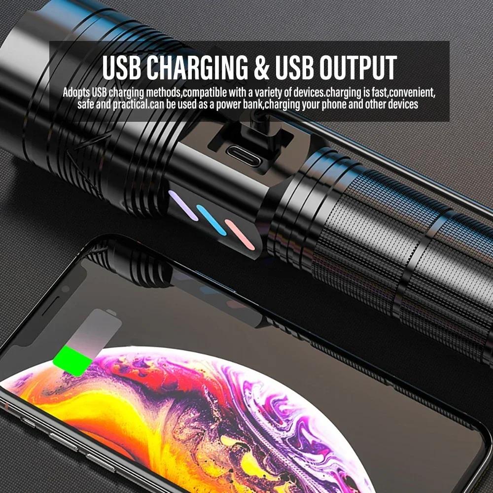 High Power Strong Light Flashlight Rechargeable Long Range USB Charging 26650 Battery Outdoor Telescopic Zoom Super Bright Torch