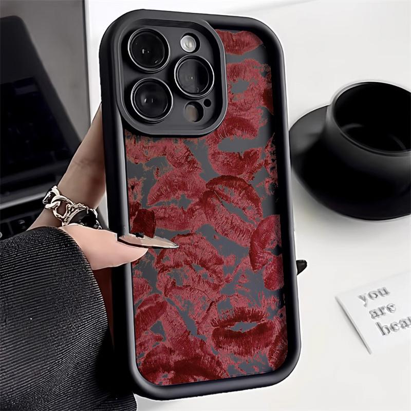 Black And Red Lips Kiss Print Phone Case For 13 Case 16 Pro 11 12 14 15 17 Pro Max 16e XR XS Soft Silicone Cover
