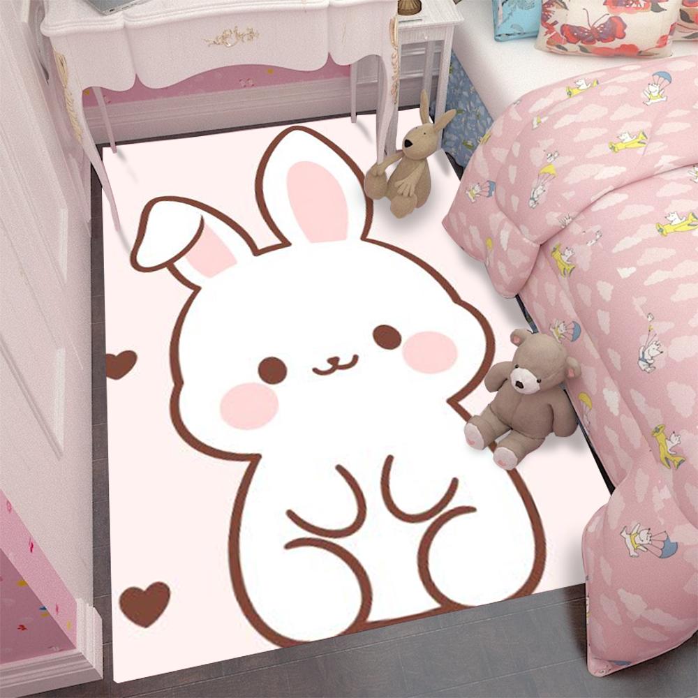 Cute Pink Rabbit with Strawberry Cartoon Rug Bedroom Decor for Girls Room Kids Carpet Star Heart Pattern Non Slip Play Mat