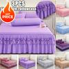 3PCS Sheet With 2 Pillowcases Solid Color Bed Skirt Soft Bedspread Coverlet Breathable Bed Sheets Lace Fitted Sheet Bedding Set