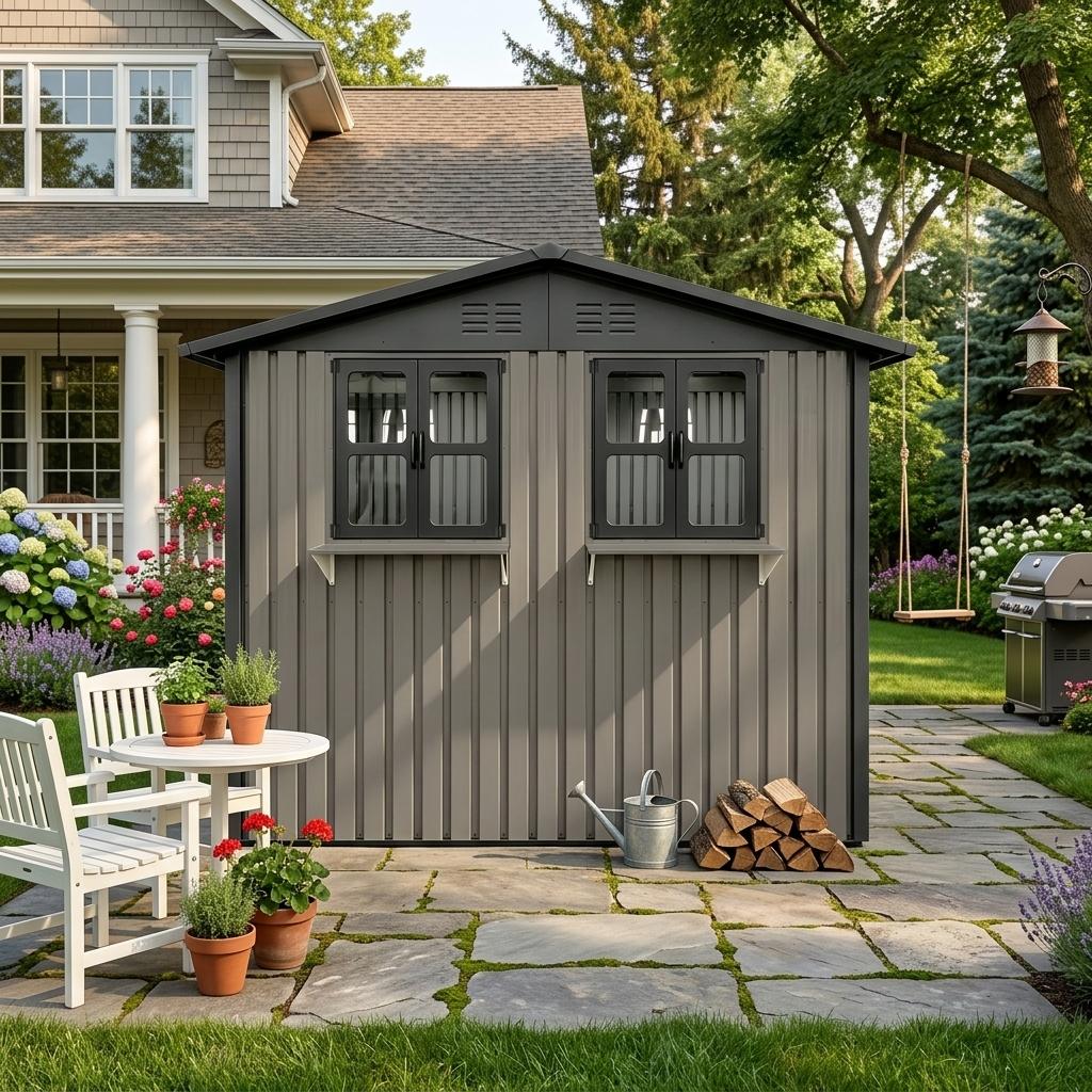 Galvanized Steel Garden House 254.2x170.2cm (4.33 m²), Brown, with Two Openable Double Windows, Lockable Double Doors and Decorative Flower Rack