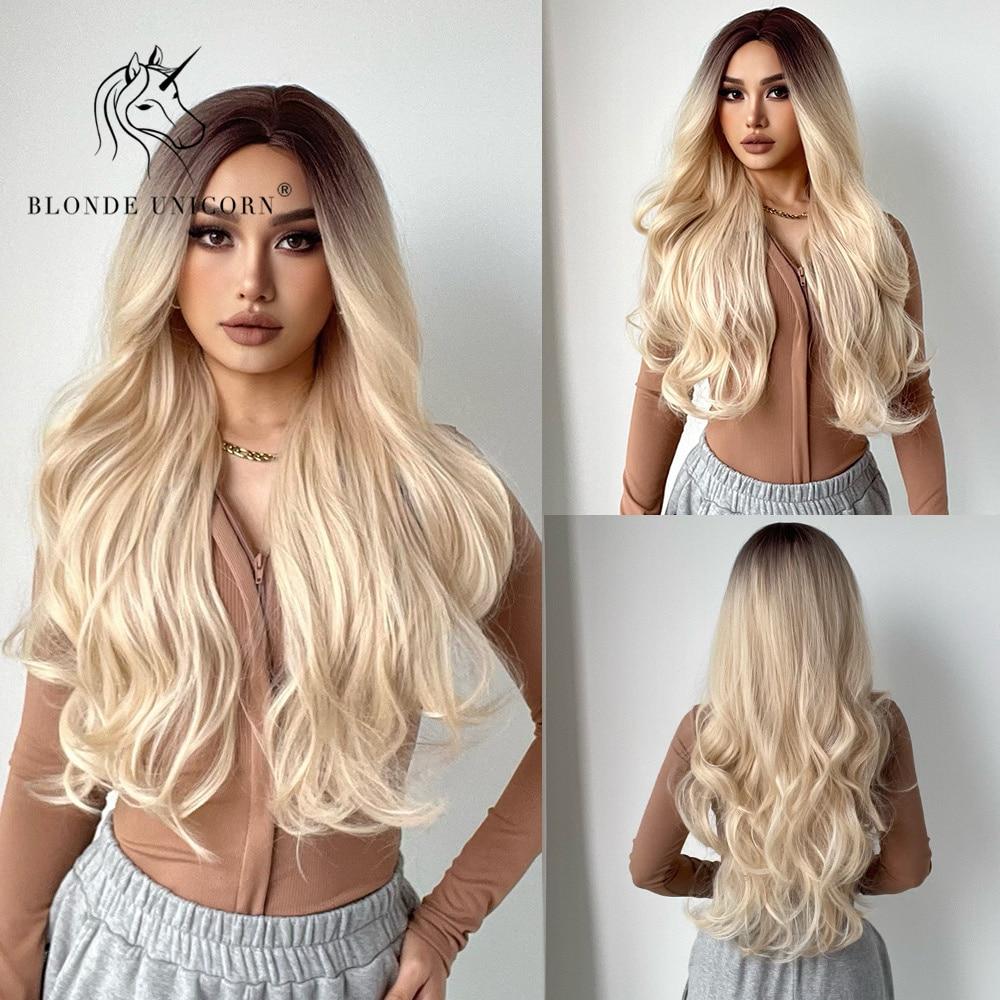 BLONDE UNICORN Синтетический парик Ombre Блондинка Коричневый Длинные парики Средняя часть волос Парик Повседневные натуральные волнистые термостойкие волокна для женщин