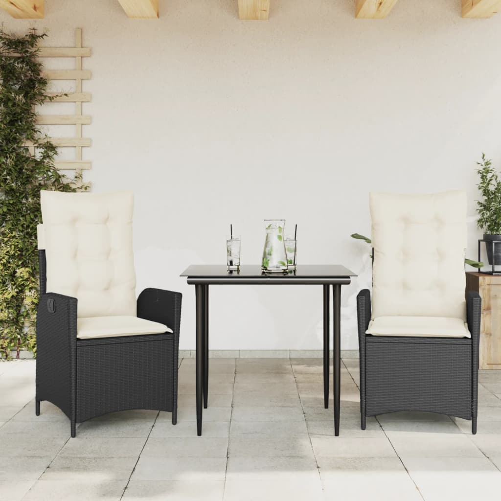 3 Piece Outdoor Dining Set with Cushions Black Poly Rattan