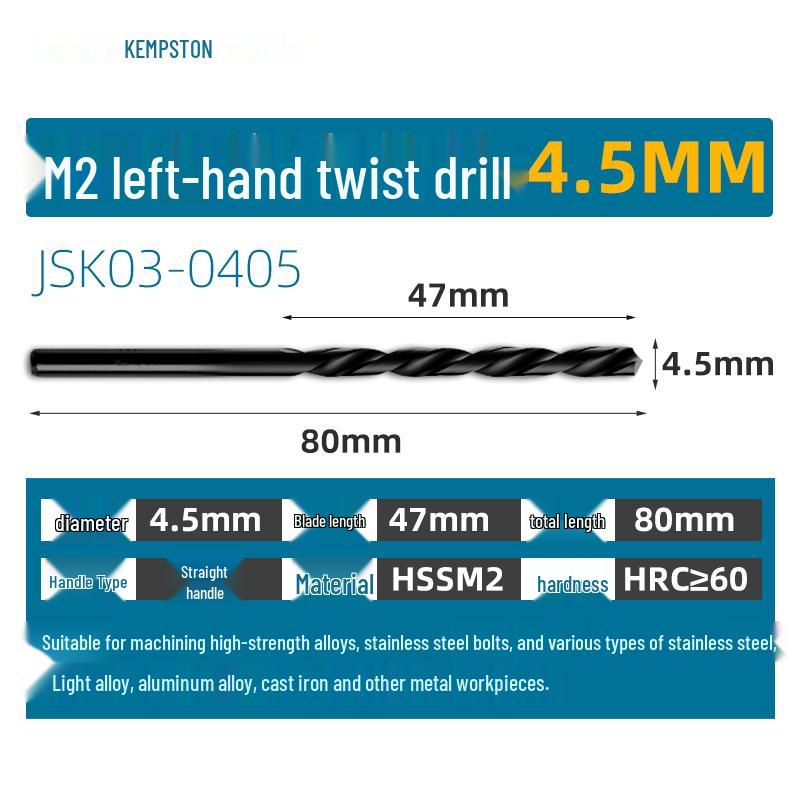 Capson M2 High-Speed Steel Left-Hand Twist Drill Bit for Stainless Steel, Straight Shank, 1-16mm