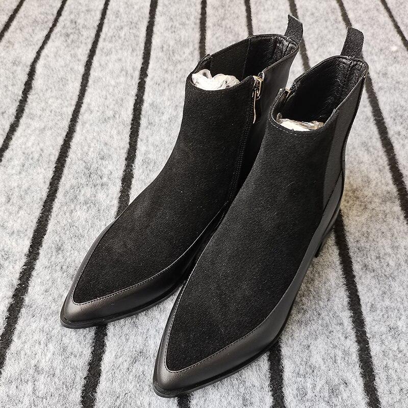 Женские ботильоны из натуральной кожи, большие размеры 22-26,5 см, яловая кожа + коровья замша, модные ботинки челси с острыми боковыми молниями