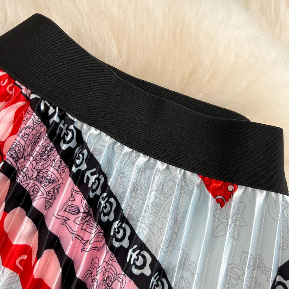 Летняя тонкая юбка средней длины выше колена с высокой талией и принтом, плиссированная юбка-трапеция с эластичной резинкой на талии, распашная юбка