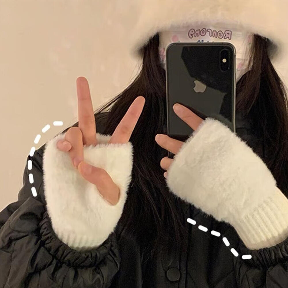 Мягкие зимние перчатки с половиной пальцев женские теплые роскошные однотонные белые плюшевые вязаные перчатки без пальцев варежки для письма