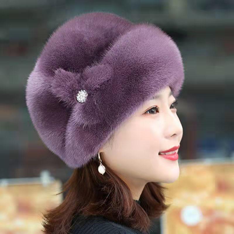 New Mother Hat Women's Winter Imitation Mink Hair Fashion Leather Thermal Hat Middle-aged and Elderly Fur Headband Hat Outflow