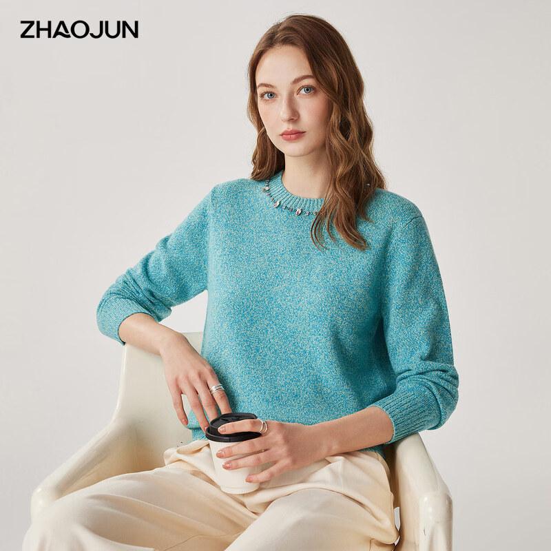 Zhaojun Women's 100% Wool Beaded Crewneck Sweater