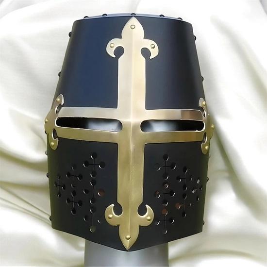 Medieval Crusader Knight Helmet Black Templar Great Helm with Brass Cross Gothic LARP Armor Cosplay Costume Prop
