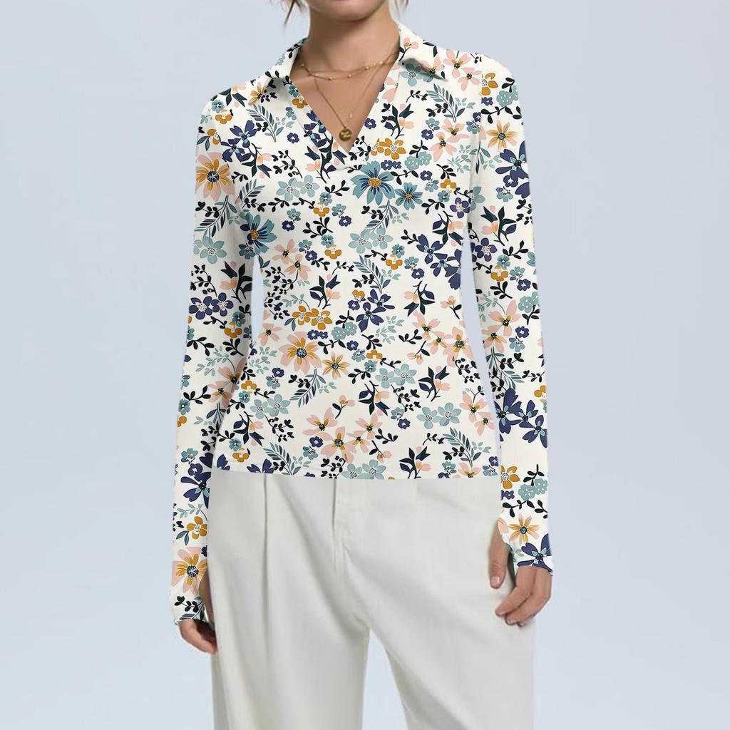 Женская Мода Повседневный Принт V-образный Вырез Длинный Рукав Застежка на Пуговицы Топ