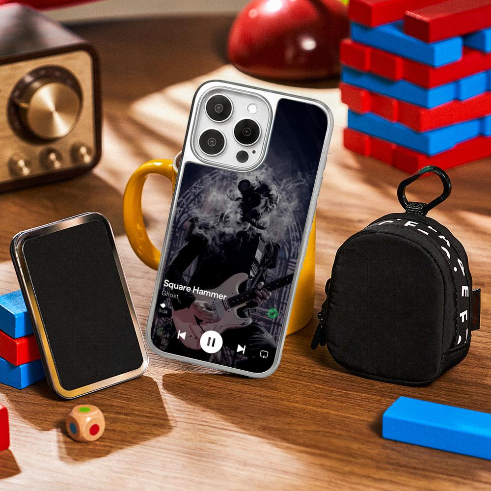 Cool guitarist Swiss poster pattern Phone Case for iPhone 16 15 14 13 12 11 Pro Max Sheepskin Silver-edged protective case