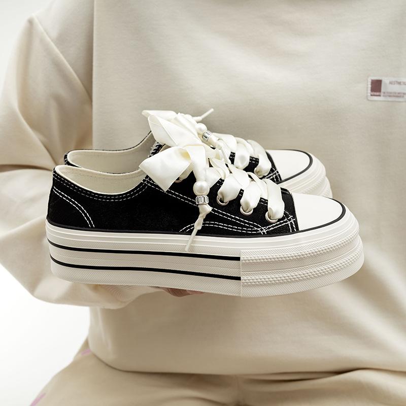 Женские 2025 Новые Корейские Бандажные Резиновые Толстая Подошва Холщовые Туфли Низкий Верх На Шнуровке Повседневные Универсальные Кроссовки на Платформе