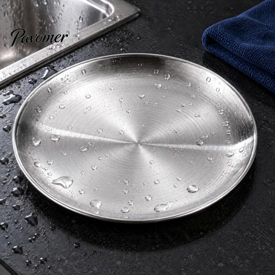 Minimalist Metal Trays for Home 304 Stainless Steel Dinner Plate with Wide Rim Korean BBQ Buffet, Multipurpose Decorative Display Round Serving