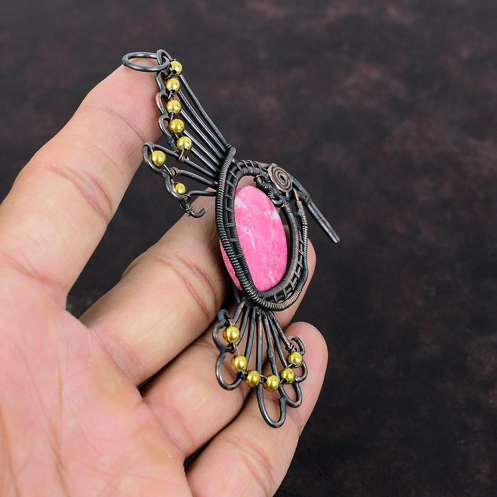 Кулон из тулита, кулон в медной проволоке, кулон из настоящего драгоценного камня, ювелирные изделия из тулита, кулон ручной работы, медный ювелирный подарок для нее, кулон с птицей