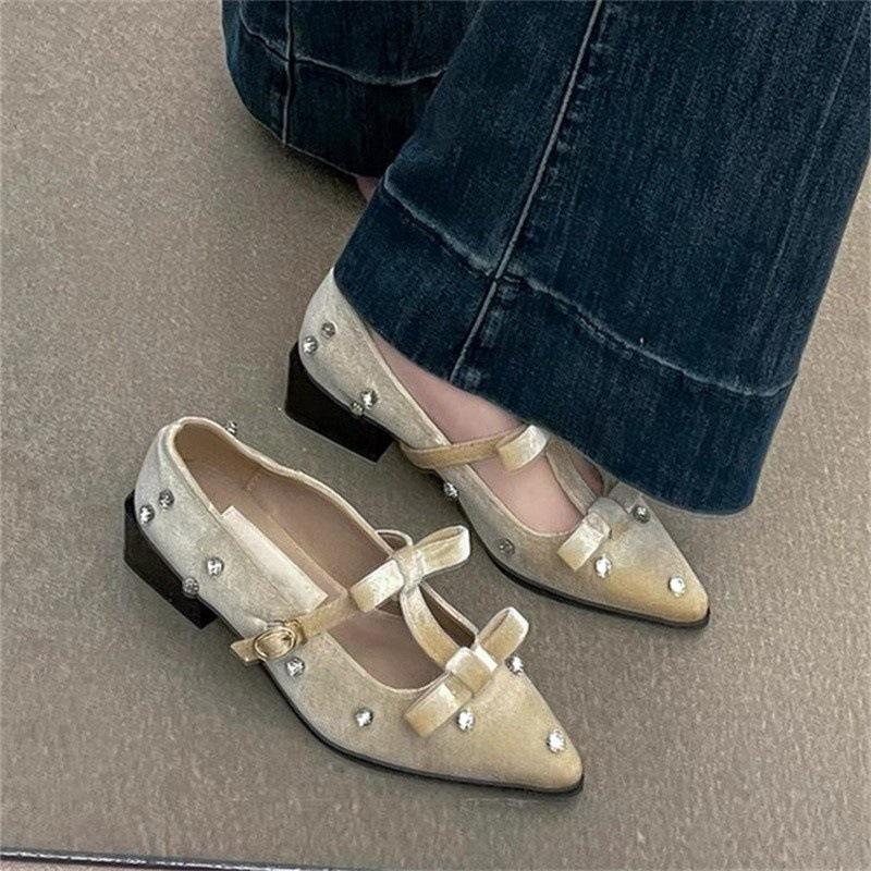 French Bow Mary Jane Shoes Women's 2025 New Beautiful Skirt Pointed Thick Heel Rhinestone Shoes