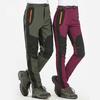 Men Climbing Trousers Elastic Waist Button Zipper Fly Sporty Pants with Pockets Patchwork Color Thick Plush Lining Outdoor Activities Hiking Pants
