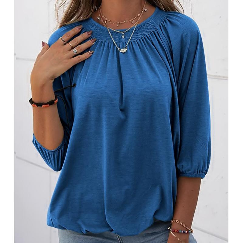 Новинка 2024 года, осенний женский повседневный свободный плиссированный однотонный пуловер с круглым вырезом и рукавом три четверти, топ